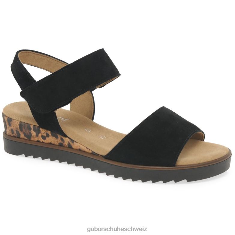 Schuhwerk Frauen Gabor schwarzes Wildleder/Leopard Raynor-Sandalen XTX02166