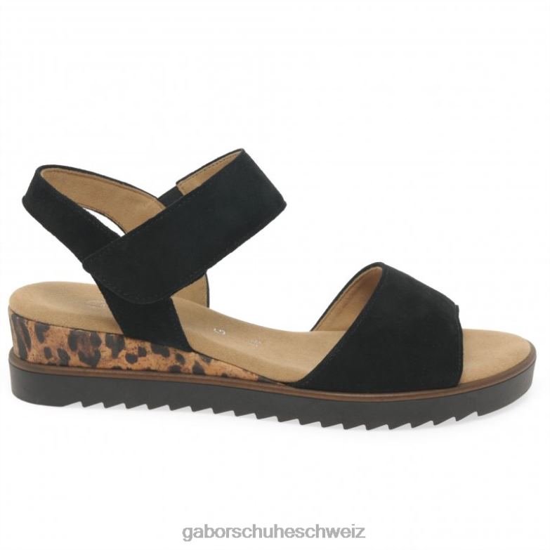 Schuhwerk Frauen Gabor schwarzes Wildleder/Leopard Raynor-Sandalen XTX02166